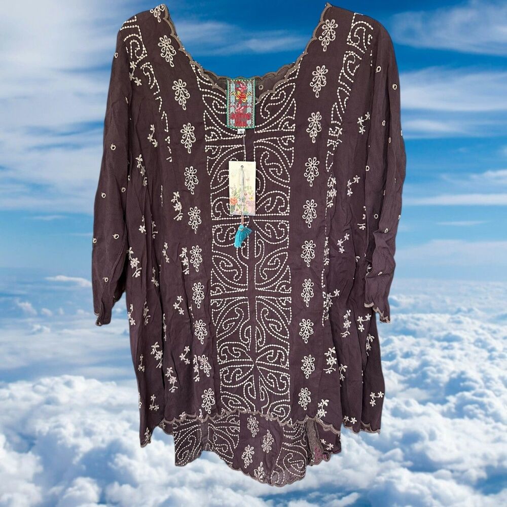 Johnny Was Ridden Eyelet Embroidered Boho Tunic Blouse Women Size S Raisin $248